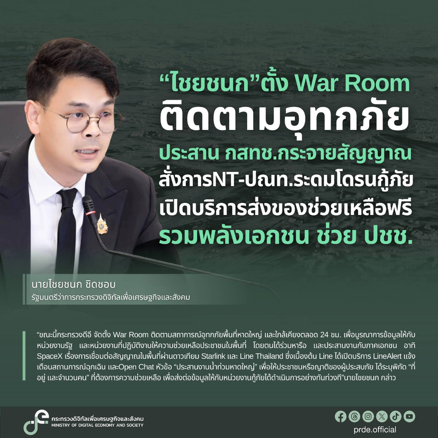 “ไชยชนก” ตั้ง War Room ติดตามอุทกภัย ประสาน กสทช. กระจายสัญญาณ สั่งการ NT-ปณท. ระดมโดรนกู้ภัย