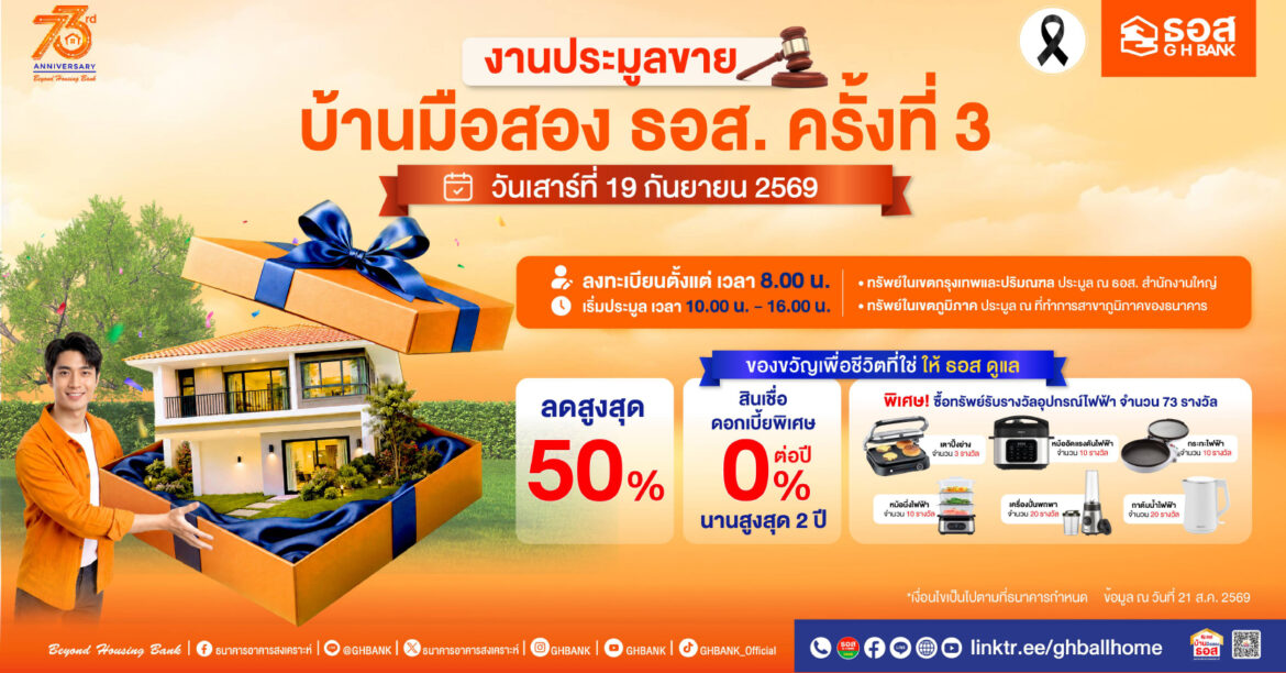 ธอส. จัดประมูลบ้านมือสองครั้งใหญ่ ฉลอง 73 ปี ทรัพย์เด่น 1.3 หมื่นรายการ ลดสูงสุด 50%